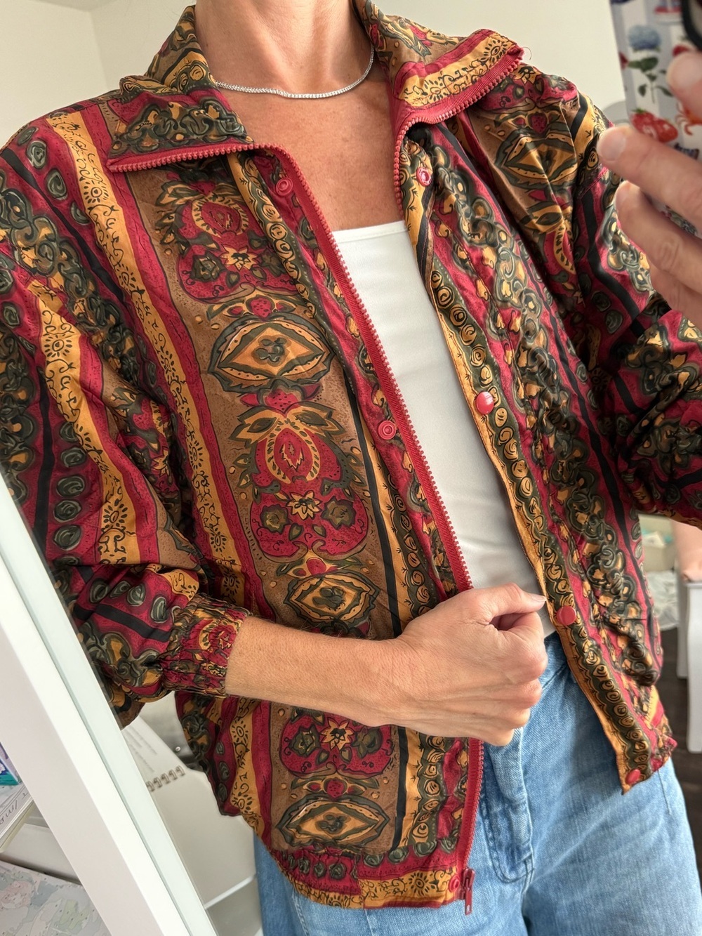 Vintage 90s 100% Silk Bomber Jacket Baroque Print Fall Jewel Tones M